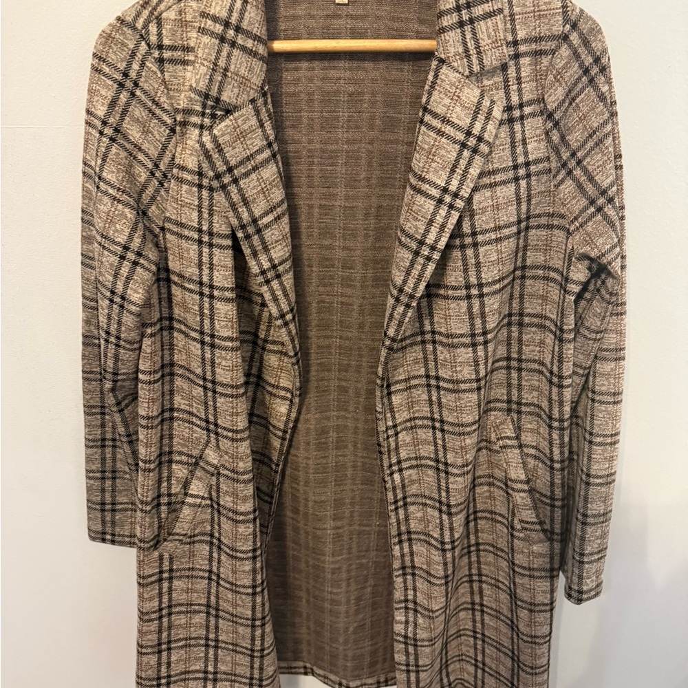Melloday Women’s Plaid Open-Front Long Coatigan - Neutral Plaid, Small